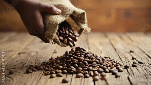 Pouring coffee beans onto a rustic wooden table, brown colors, representing freshness and harvest