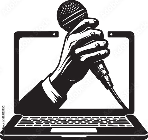 A hand holding a microphone coming out of a laptop screen in black and white art