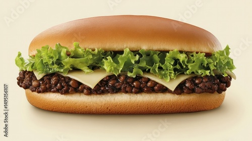 Close-up of a classic beef hamburger sandwich with fresh green lettuce, melted cheese, seasoned beef patty in a soft bun on neutral background photo