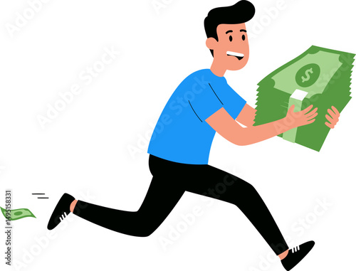 Man Running with a Stack of Cash Achieving Financial Freedom and Wealth