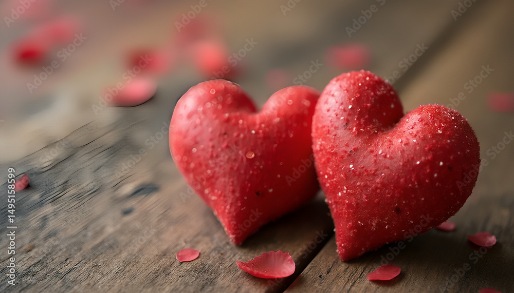 Fototapeta premium Valentines day background with two red hearts on wooden background