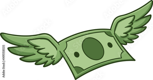 Flying Money Illustration Cartoon Green Banknote with Wings, Financial Success Concept