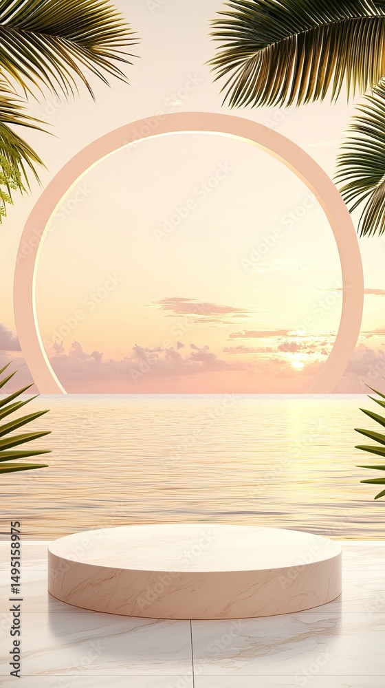 Tranquil tropical ocean sunset with palm leaves and circular frame design for inspirational print Tranquil tropical ocean sunset with palm leaves and circular frame design for inspirational print