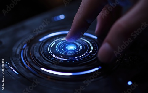 Finger activates glowing futuristic interface