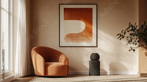 Modern cozy living room with stylish orange armchair abstract artwork on wall sleek side table and indoor plant for contemporary home decor inspiration