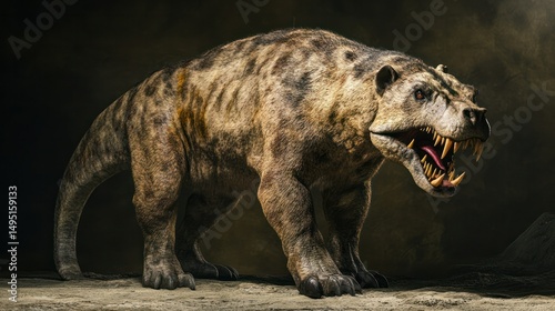 Massive prehistoric therapsid creature resembling a bear with fierce jaw and teeth, standing on muddy ground in a dark prehistoric landscape scene