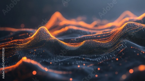 Abstract digital landscape with glowing orange and blue waves representing data flow and connectivity in futuristic technology visualization