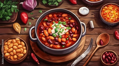Traditional Mexican Bean Soup with Kidney Beans Chickpeas and Vegetables in a Black Pot Garnished with Fresh Cilantro Served on Wooden Table