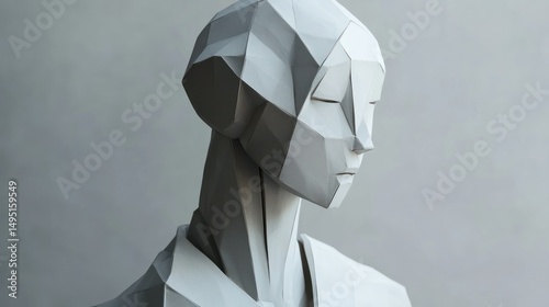 Abstract Low-Poly White Human Head Sculpture with Modern Geometric Design in a Studio Setting for Artistic and Creative Visual Concepts