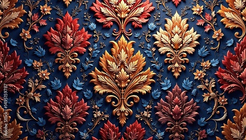 Intricate woven damask pattern, rich textures, acanthus, vintage