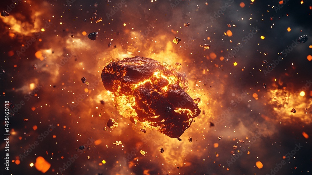 Fototapeta premium Asteroid exploding in space, creating fire, debris, and smoke, ideal for space exploration and apocalyptic themes