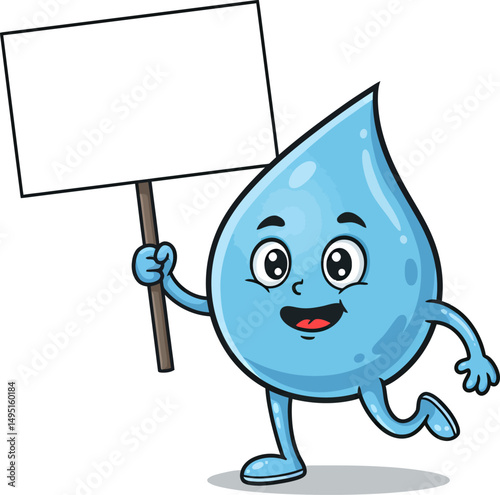 Adorable Water Drop Mascot Holding Blank Sign Perfect for Hydration, Conservation, and Environmental Campaigns