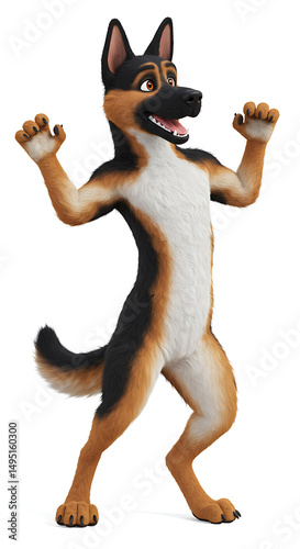 Cheerful anthropomorphic dog raising its paws