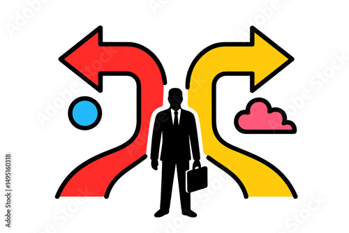 Businessman standing at a crossroads with signs pointing in different directions representing choices and decisions