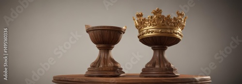 Gleaming golden crown atop meticulously carved wooden pedestal ,  luxury,  precious