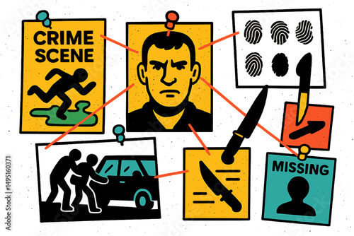 Investigation details of a crime scene with evidence, suspects, and missing person highlights