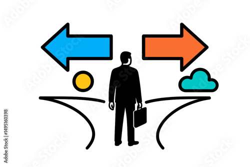 Modern vector illustration of a businessman at a crossroads contemplating decisions between sunny and cloudy paths