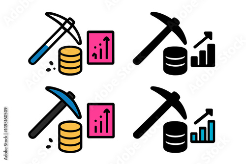 Modern vector illustration of cryptocurrency mining with data analysis and growth indicators in four design styles