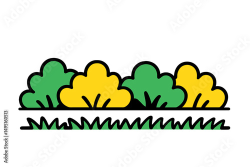 Vibrant vector illustration of stylized bushes and grass in bright green and yellow colors