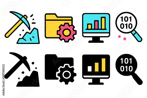 Modern vector illustrations of data mining concepts with tools, charts, and folders on a clean background showcasing technology and analytics