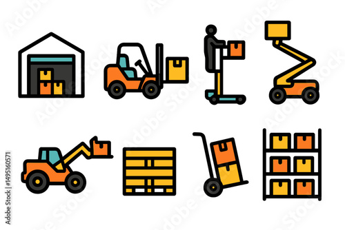 Modern warehouse vector icons showing inventory, forklift, pallet stacker, lift, bulldozer, pallet, hand truck, and shelving