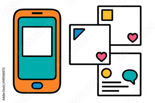 Vector illustration depicting social media interaction with a smartphone and digital content