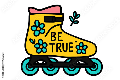 Creative vector design featuring a roller skate with a vibrant yellow color and floral details, promoting a message of positivity