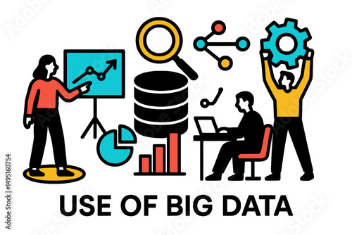 Modern vector illustration depicting the use of big data in business analysis and decision making with diverse professionals engaged in activities