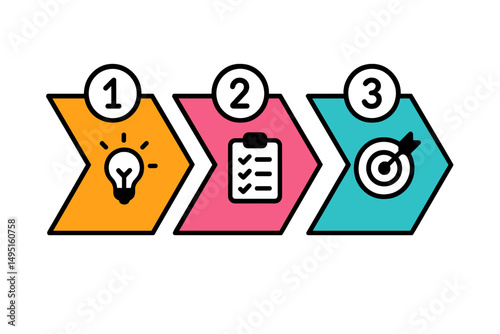 Step-by-step modern vector illustration showcasing a creative process with an idea, planning, and execution stages in a vibrant design
