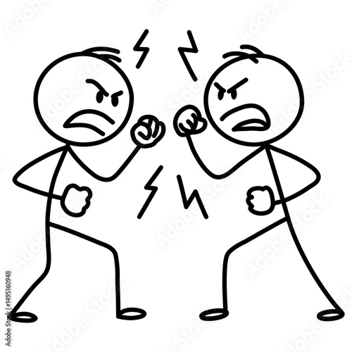 Two angry man cartoon stick figures arguing or fighting. Simple vector illustration of conflict concept with emotional expression.