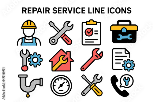 Icons representing various repair service activities in a modern vector style for efficient communication