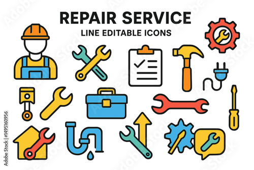 Modern vector illustration depicting a comprehensive repair service toolkit featuring various tools and equipment for maintenance tasks