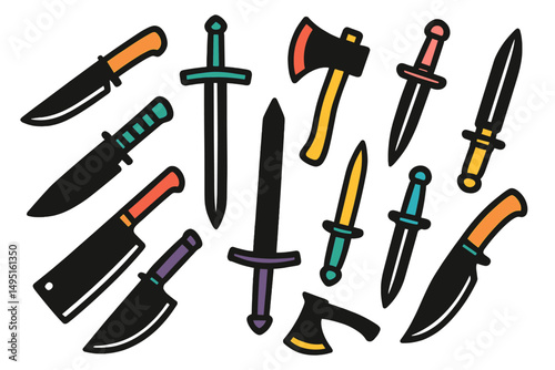 Colorful vector illustration of various knives and axes arranged artfully on a flat surface