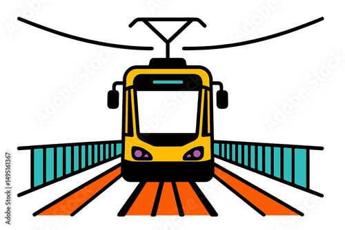 Colorful modern vector illustration of a tram on a track with a bright design in an urban setting
