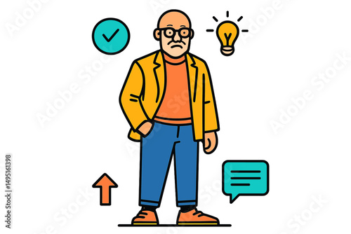 Modern vector illustration of a confident man standing with an idea symbol, smiling, in a bright and engaging environment