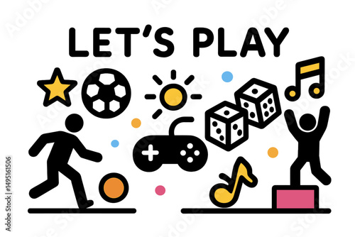 Modern vector illustration of playful activities featuring sports, games, and music with a cheerful message for children