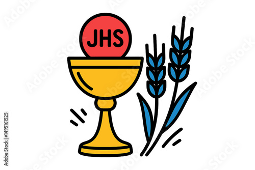Christian symbol of Eucharist with golden chalice, wheat stalks, and JHS notation, representing tradition and faith