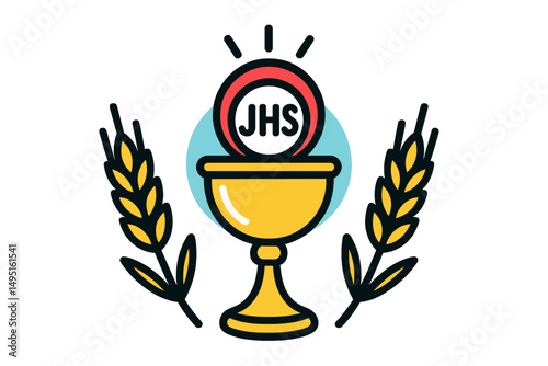 Modern vector illustration of a chalice with wheat stalks and initials, ideal for religious themes and celebrations