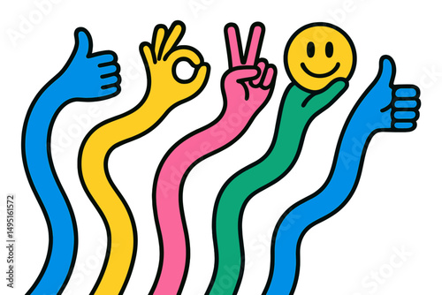 Colorful vector illustration of diverse hand gestures expressing positivity and emotions in a playful style