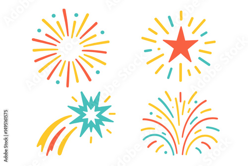 Modern vector illustration of colorful fireworks in various shapes celebrating a festive night scene