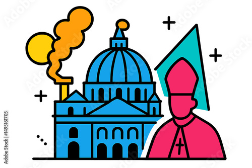 Modern vector illustration depicting a religious figure beside a historic building with colorful accents in a vibrant style