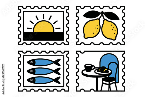 Artistic modern vector illustration featuring stamps with sun, lemons, fish, and a dining table