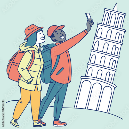 vector of travelers taking selfie in front of landmark