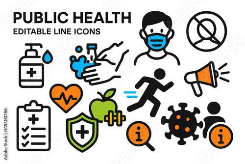 Vector illustration showcasing public health concepts featuring hygiene, fitness, and safety measures for a healthy lifestyle