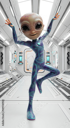 Cheerful alien ballerina dances in spaceship hallway