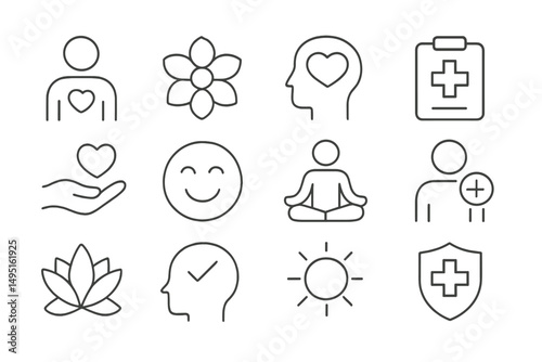 Modern vector illustration of wellness themes including self-care, mindfulness, and health activities depicted through simple line art