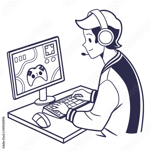 Flat vector of a gamer playing on computer with headphones