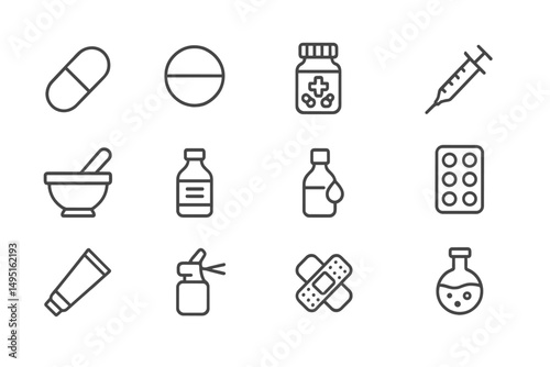 Modern vector illustration showcasing essential healthcare and pharmaceutical items in a clean layout
