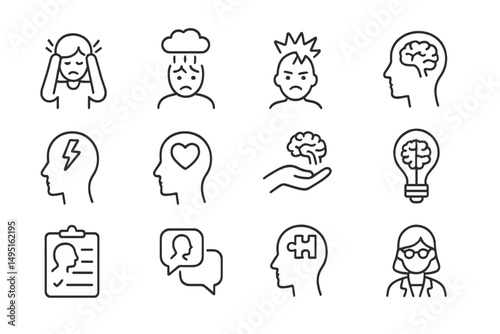 Illustration of various mental health concepts and emotions featuring diverse expressions and symbols