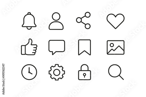 Modern vector illustration of various social media icons including notifications, user profiles, and engagement symbols in a simple design
